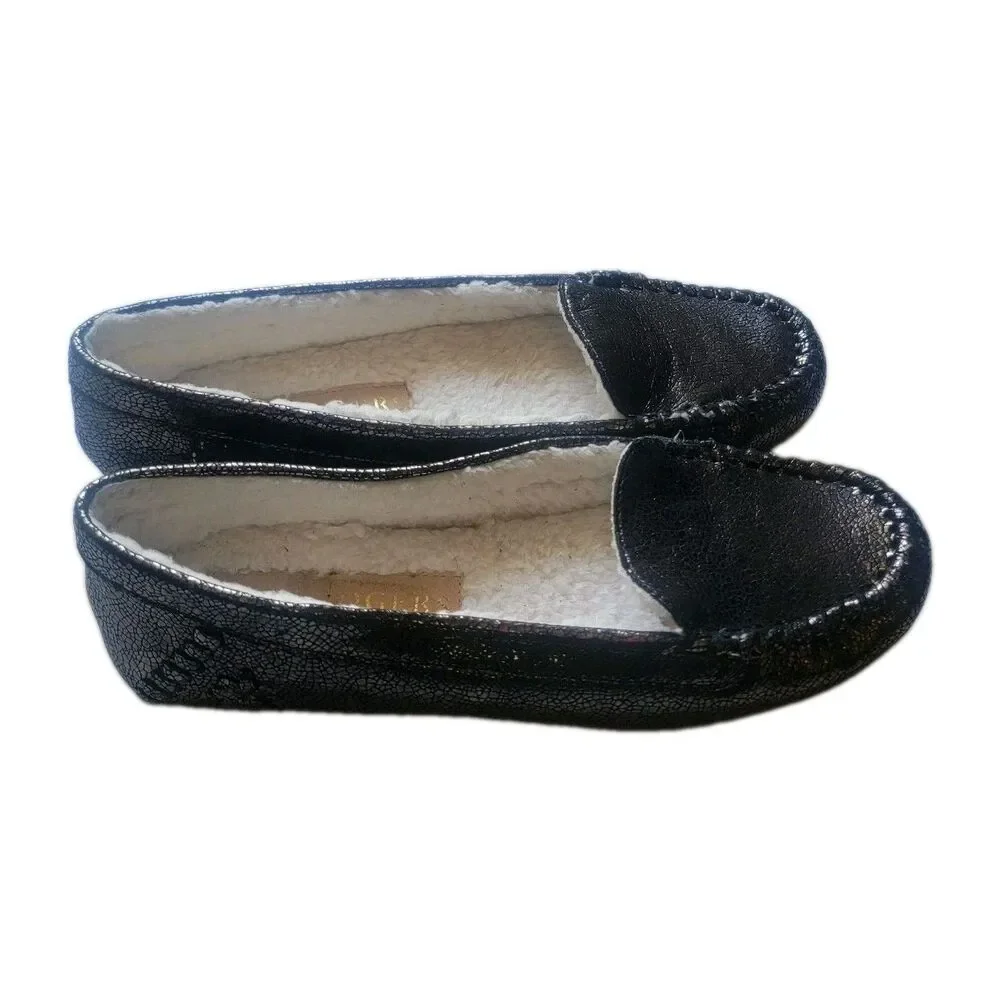 Jack rogers Millie sherpa lined leather moccasins sz 7.5 dark gry metallic